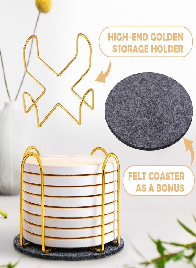 GOH DODD Coasters for Drinks Set of 4, Absorbent Marble Style Ceramic Coaster Cup Coasters Tabletop Protection Home Decor with Metal Holder for Housewarming Gifts Wedding Party, Beige, Round, 4 Inch - Image 4